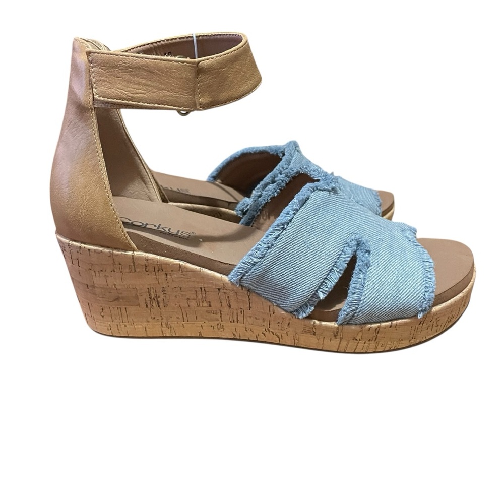 Corkys ROM COM Womens Size 10 Blue Denim Fringe Cork Wedge Ankle Strap Sandal